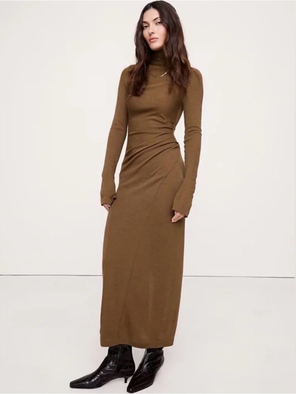 NWT Banana Republic Wool Blend Jersey Ruched Maxi Saddie Brown Dress Sz Small